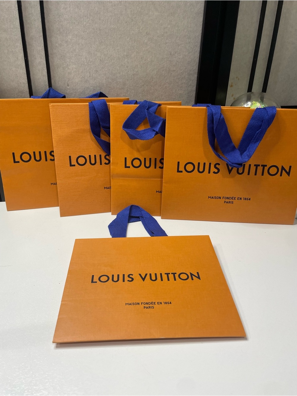 Lot of 5 Authentic Louis Vuitton Orange Paper Shopping Bags (4 Large 1 Small)